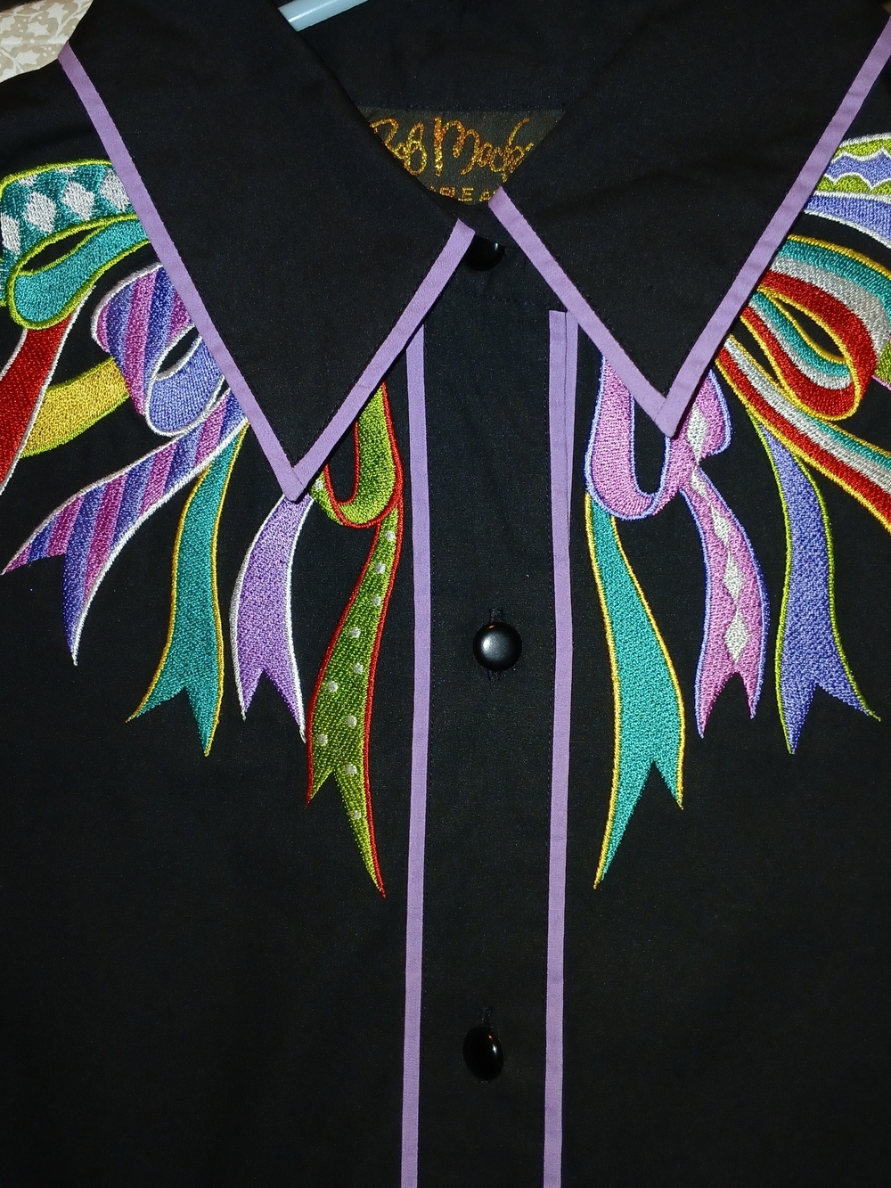 Bob Mackie Black Western Blouse with Multicolor Ribbon Embroidery Sz M